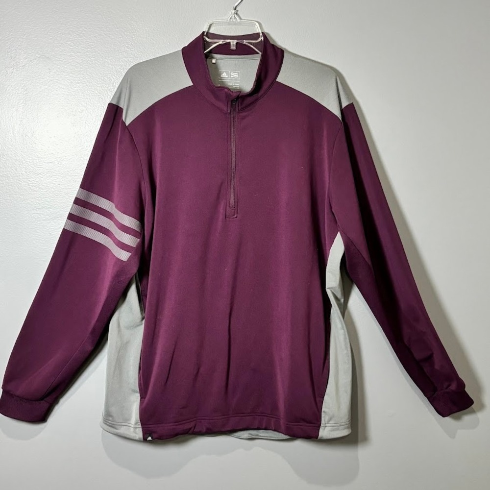 Adidas Golf Pullover Mens Large Maroon Grey Polyester 1/4 Zip 3-Stripe Athletic